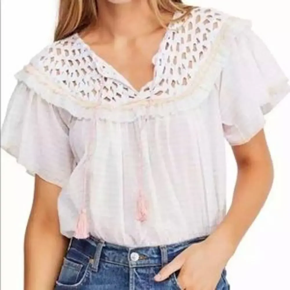Free People Allora Allora Crochet Neck Striped Crop Top Medium NEW